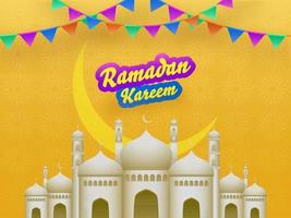 Islamitisch heilig maand van gebeden, Ramadan kareem concept met voortreffelijk moskee en kleurrijk vlaggedoek vlaggen Aan geel achtergrond. vector