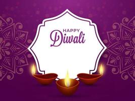 gelukkig diwali doopvont met verlichte olie lampen Aan Purper mandala patroon achtergrond. vector