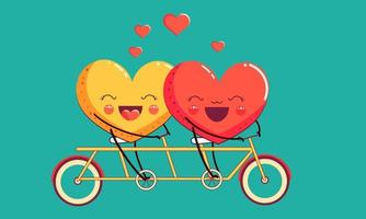 grappig harten vorm paar rijden tandem fiets over- turkoois achtergrond. Valentijnsdag dag concept. vector
