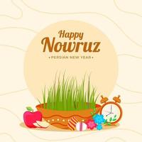 gelukkig nouruz, Perzisch nieuw jaar viering poster ontwerp met semeni schaal, eieren, appel, bloemen en alarm klok Aan abstract achtergrond. vector