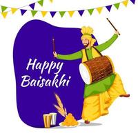 gelukkig baisakhi viering concept met Punjabi Mens spelen dhol in bhangra dans, tarwe oor, Indisch zoet en glas van lassi Aan Purper en wit achtergrond. vector