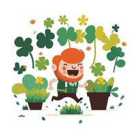 gelukkig elf van Ierse folklore Mens karakter rennen Aan park of tuin met cactus fabriek en Klaver bladeren. st patricks dag concept. vector