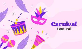 carnaval festival banier ontwerp versierd met muziek- instrument, veren, partij masker Aan roze achtergrond. vector