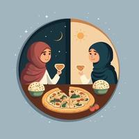 moslim meisje karakter breken snel in ochtend- en avond positie gedurende Islamitisch festival heilig maand Ramadan. vector