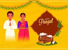 gelukkig pongal concept met zuiden Indisch paar groetjes, traditioneel schotel in modder potten, fruit, zoet, suikerstok en Toran Aan geel achtergrond. vector