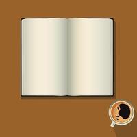 top visie van blanco Open boek met thee of koffie kop element Aan bruin achtergrond. vector