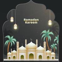 voortreffelijk visie van een gouden moskee in nacht, en verlichte hangende Arabisch lantaarns voor Islamitisch heilig maand van Ramadan kareem concept. vector