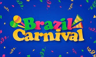 kleurrijk papier Brazilië carnaval tekst met vuvuzela, maracas instrument Aan confetti versierd blauw achtergrond. vector