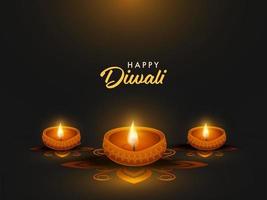 gelukkig diwali viering poster ontwerp met verlichte olie lampen Aan zwart achtergrond. vector