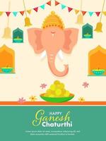 vector illustratie van heer ganpati gezicht met bord, hangende klokken en verlichte olie lampen versierd venster voor gelukkig ganesh chaturthi.