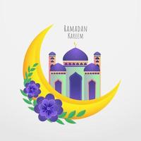 gouden halve maan maan, Purper bloemen en mooi moskee concept voor heilig maand van Ramadan kareem. vector