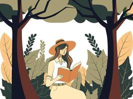 modieus tiener- meisje karakter lezing de boek Aan natuur achtergrond. vector
