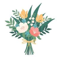 tekening vlak clip art. schattig boeket van wild bloemen gebonden met een lintje. allemaal kleuren zijn gemakkelijk naar Wijzigen. vector