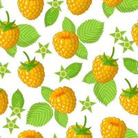 vector cartoon naadloze patroon met gele frambozen exotisch fruit, bloemen en bladeren op witte achtergrond