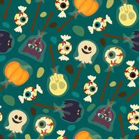 een patroon van kleurrijk halloween snoepgoed voor kinderen. vector snoepjes zijn versierd met halloween elementen en ornamenten gemaakt in de traditioneel kleuren van de oktober vakantie geschenk omhulsel textiel het drukken