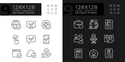 vinkjes in communicatie pixel perfect lineair pictogrammen reeks voor donker, licht modus. goedkeuring merken in digitaal industrie. dun lijn symbolen voor nacht, dag thema. geïsoleerd illustraties. bewerkbare beroerte vector