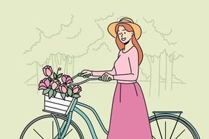 glimlachen vrouw rijden fiets met bloem mand in zomer park. gelukkig meisje met fiets genieten wandelen in Woud in zomer. vector illustratie.