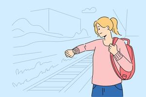 angstig vrouw staan Aan platform Aan spoorweg station controleren tijd Aan polshorloge. bezorgd meisje kijken Bij kijk maar Aan hand- gefrustreerd met trein laat. woon-werkverkeer en vervoer. vector illustratie.