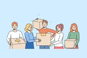 glimlachen mensen met karton dozen in beweging samen. gelukkig mannen en Dames met pakketjes verloofd in verhuizing naar nieuw huis. vector illustratie.