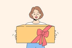 glimlachen meisje met verpakt doos in handen vieren verjaardag verjaardag. gelukkig vrouw tiener met giftbox met boog opgewonden met Geschenk. vector illustratie.