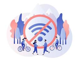 digitaal ontgiften. groot teken Nee Wifi. vrijheid van internetten, smartphones en sociaal media. klein mensen kom tot rust in natuur. modern vlak tekenfilm stijl. vector illustratie Aan wit achtergrond