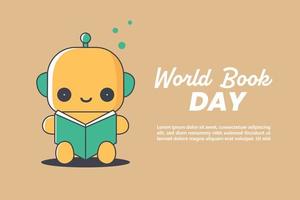 wereld boek dag vlak illustratie. kawaii robot lezing een boek spandoek. vector