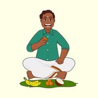 vrolijk zuiden Indisch Mens aan het eten heerlijk voedsel Aan banaan blad tegen pastel geel achtergrond. vector