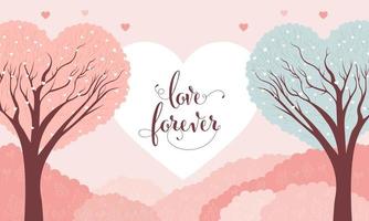 liefde voor altijd doopvont met hart vorm bomen Aan pastel roze achtergrond. gelukkig Valentijnsdag dag concept. vector