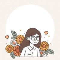 vector illustratie van smiley jong meisje karakter en bloemen, harten versierd achtergrond met kopiëren ruimte.