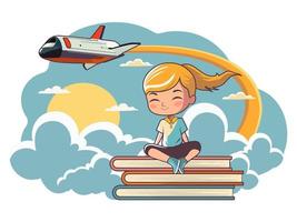 schattig meisje karakter zittend Aan boek stack tegen vliegtuig vliegend in de lucht achtergrond. vector