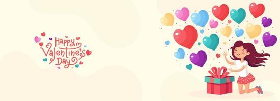 gelukkig Valentijnsdag dag concept met schattig meisje karakter, geschenk doos en kleurrijk hart vormen versierd achtergrond. vector
