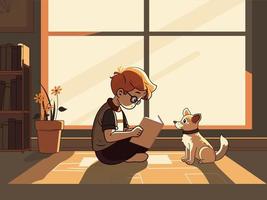 vector illustratie van schattig jongen karakter lezing een boek in de buurt de hond, fabriek vaas, boekenkasten Aan venster achtergrond.