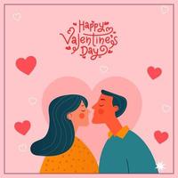 gelukkig Valentijnsdag dag concept met romantisch jong paar karakter zoenen Aan harten versierd roze achtergrond. vector