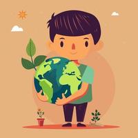 schattig jongen karakter Holding aarde wereldbol met planten Aan zon pastel oranje achtergrond. vector