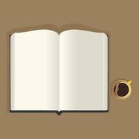 top visie van Open boek met blanco Pagina's, thee mok element Aan bruin achtergrond. vector