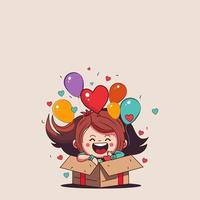 opgewonden schattig meisje karakter met ballonnen, harten komt eraan uit van binnen verrassing doos Aan beige achtergrond. vector