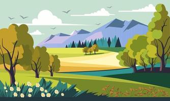 mooi natuur landschap achtergrond met bergen, bomen, bloemen en vliegend vogels. vector