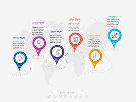 navigatie plaats Power Point sjabloon met bedrijf pictogrammen en 6 opties Aan wereld kaart. vector