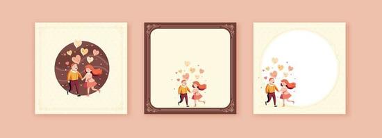 Valentijnsdag dag groet kaarten of plein berichten met vrolijk jong paar Holding handen samen en hart vormen ballonnen. vector