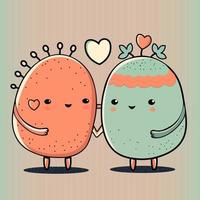 schattig mascotte aardappel paar karakter met harten Aan pastel groen en rood achtergrond. liefde of Valentijnsdag dag concept. vector