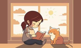 schattig meisje karakter lezing een boek met aanbiddelijk kat zittend samen Aan zonlicht door venster achtergrond. vector