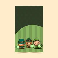 grappig elf van Ierse folklore Mens met teddy beer, schattig jongen tekens genieten van drankjes samen Aan groen achtergrond en kopiëren ruimte. st. Patrick dag verticaal banier ontwerp. vector