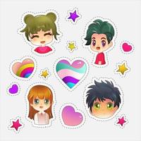 reeks van schattig meisjes en jongens karakter met hart vormen, sterren in sticker stijl. vector