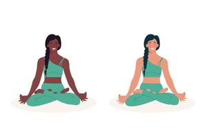 Dames zittend in een yoga houding. Afrikaanse Amerikaans vrouw. gezond en actief levensstijl vector