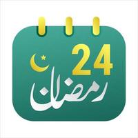 24e Ramadan pictogrammen elegant groen kalender met gouden halve maan maan. Engels tekst. en Arabisch kalligrafie. vector