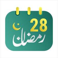 28e Ramadan pictogrammen elegant groen kalender met gouden halve maan maan. Engels tekst. en Arabisch kalligrafie. vector