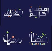 elegant en feestelijk wit glanzend Ramadan kareem schoonschrift reeks met kleurrijk Islamitisch meetkundig patronen vector