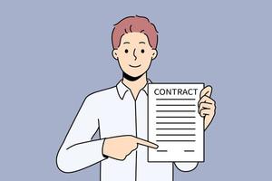 glimlachen zakenman tonen plaats voor handtekening Aan contract. gelukkig mannetje werkgever demonstreren ruimte naar teken wettelijk overeenkomst. officieel document en werkgelegenheid. vector illustratie.