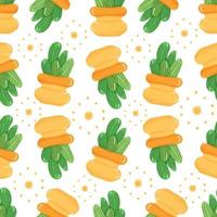 naadloos patroon met tekenfilm ingemaakt kamerplant - schattig groen cactus met stekels in oranje pot Aan wit achtergrond. vector