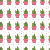 naadloos patroon met tekenfilm ingemaakt kamerplant - schattig groen cactus met stekels in een roze pot Aan wit achtergrond. vector